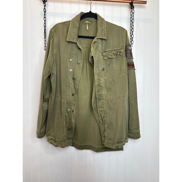 Free People Embellished Military Jacket Green Army Fatigue Beaded Shirt Size S - Picture 2 of 8
